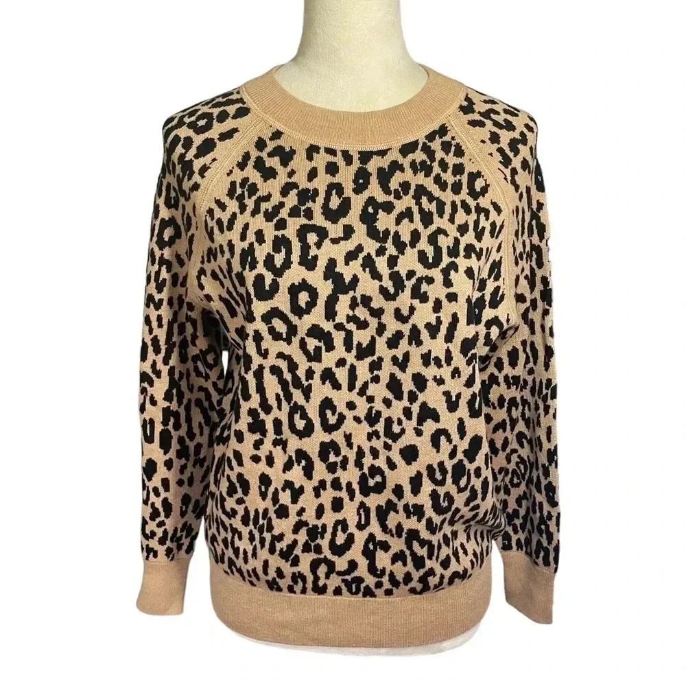 J. Crew‎ Animal Print Leopard Merino Wool Cotton Blend Tan Sweater Women XS NWT